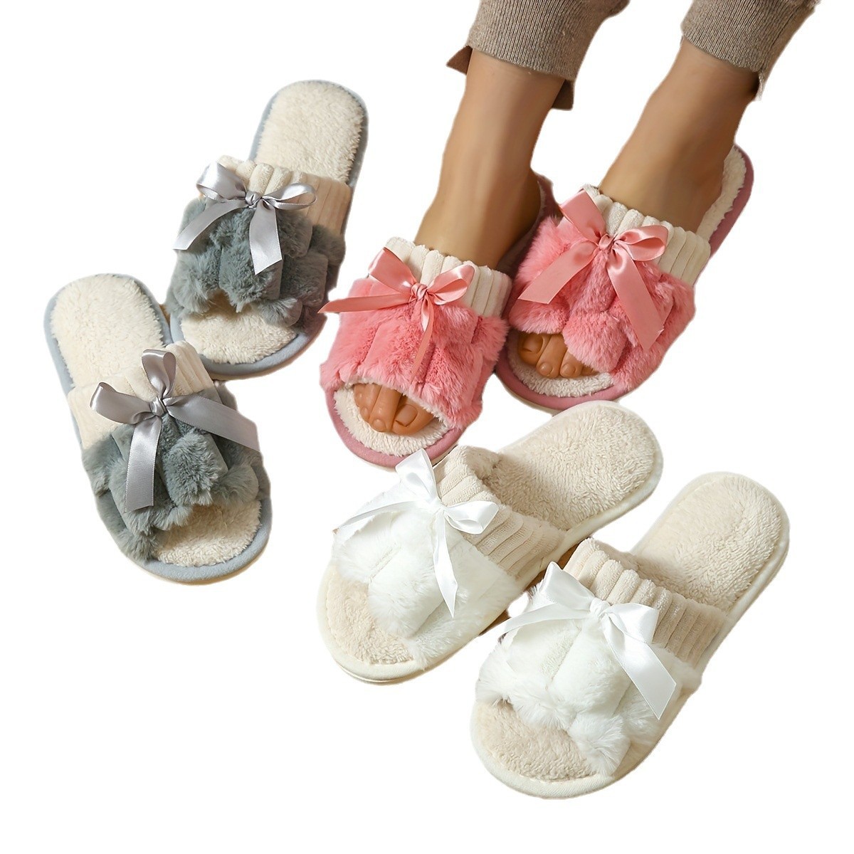 New Bow Plush Slippers Indoor - Image 5