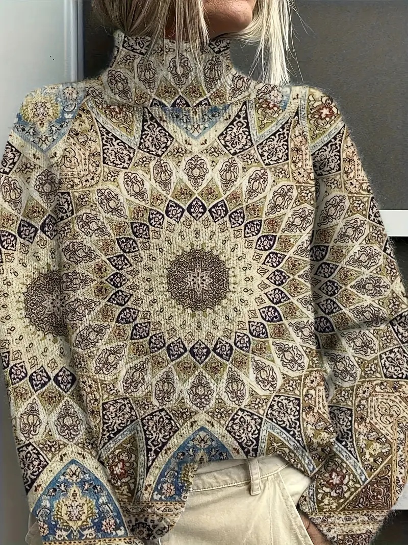 Women's Vintage Floral Print Pullover - Turtleneck Long Sleeve Loose Fit Polyester Top - Image 2