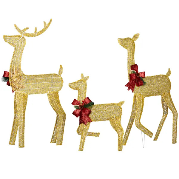 3-Piece Lighted Christmas Reindeer Family Set Outdoor Decorations, Weather Proof 2D Deer Family Set Of 3 Christmas Ornament Home Decor Pre-lit 200 LED Warm White Lights With Stakes, Golden - Image 4