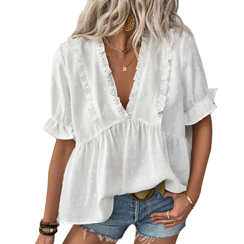 Women's Cut Flower Fur Ball Short-sleeved Lace Shirt - Image 2