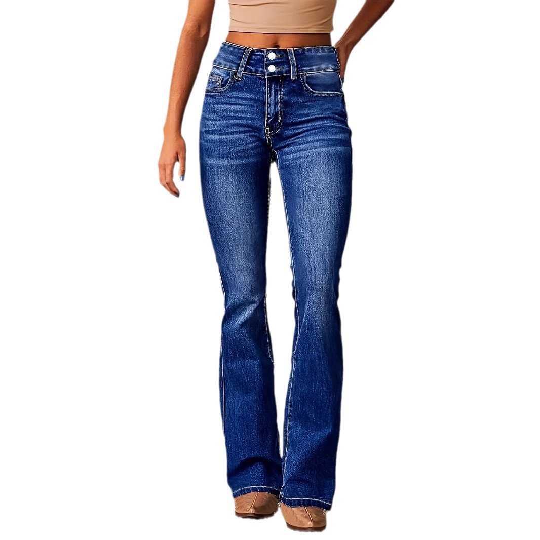 Skinny Flared Jeans With Pockets Fashion Button Zipper Trousers Women's Slim Denim Pants - Image 3