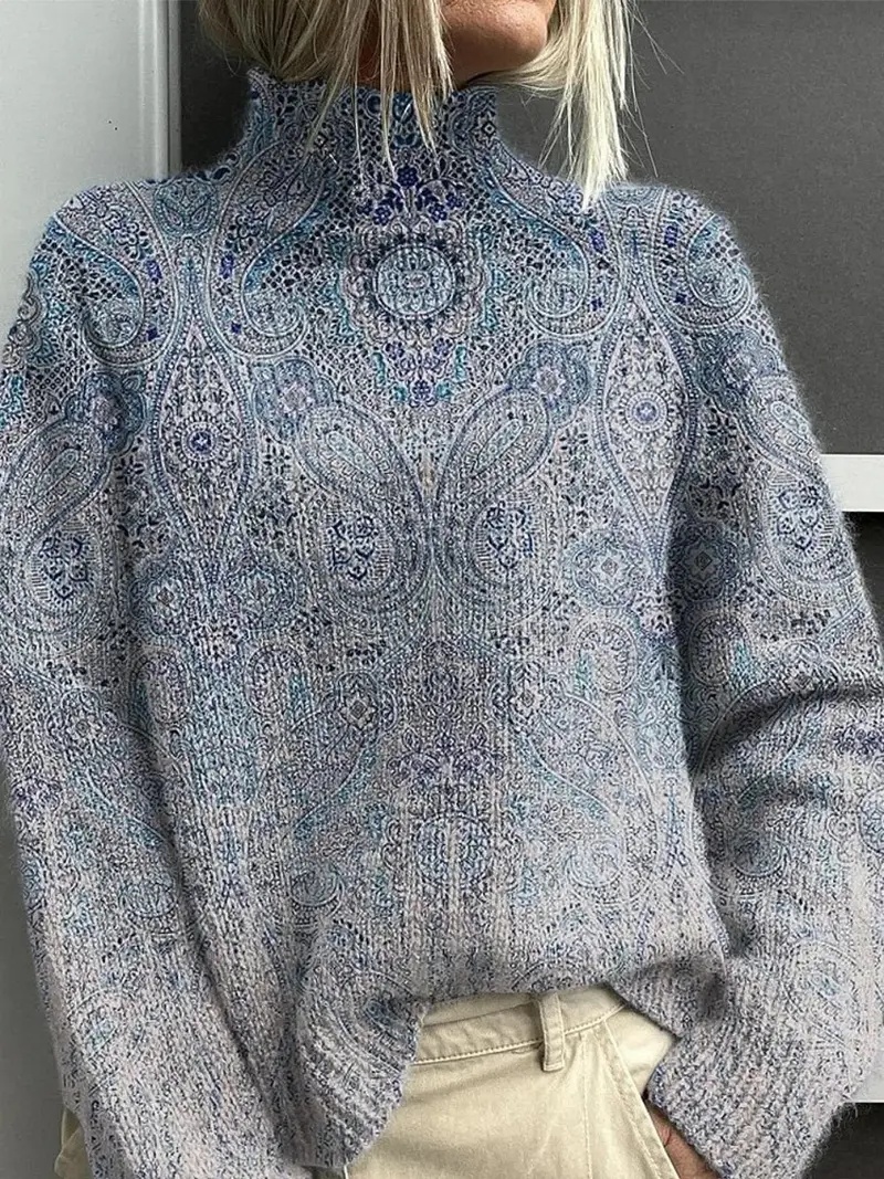 Women's Vintage Floral Print Pullover - Turtleneck Long Sleeve Loose Fit Polyester Top - Image 7
