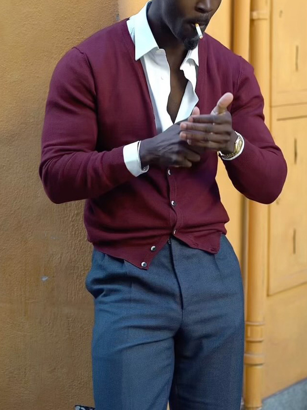 Burgundy V -Neck Button-Front Knit Cardigan - Image 2