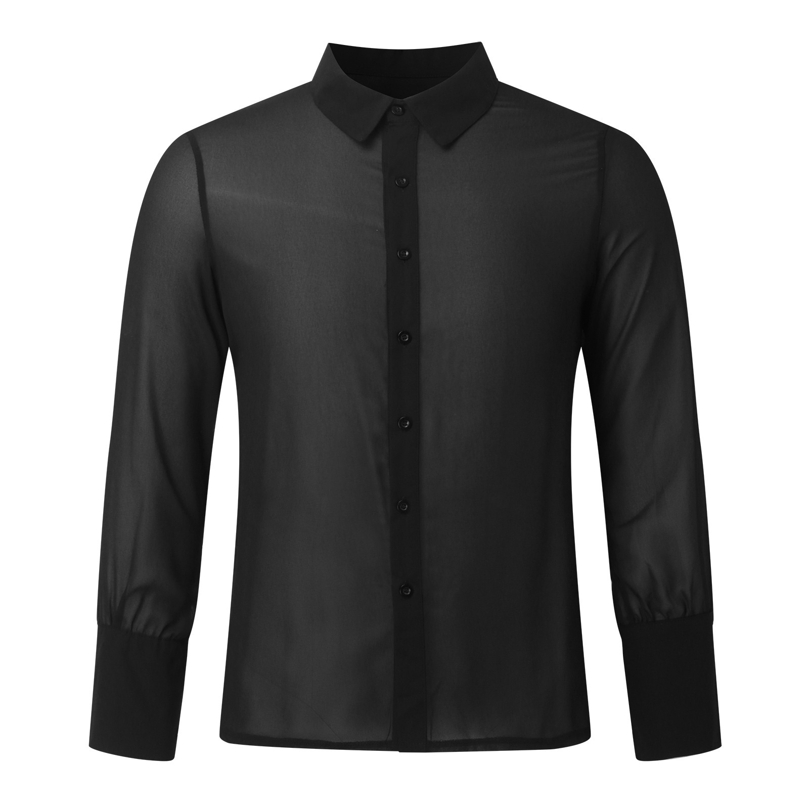 Black Thin See-through Chiffon Men's Slim Shirt - Image 3