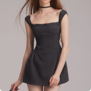 Slim Fit Wave Point Cinched Waist Square Collar One Shoulder Dress For Women In Summer