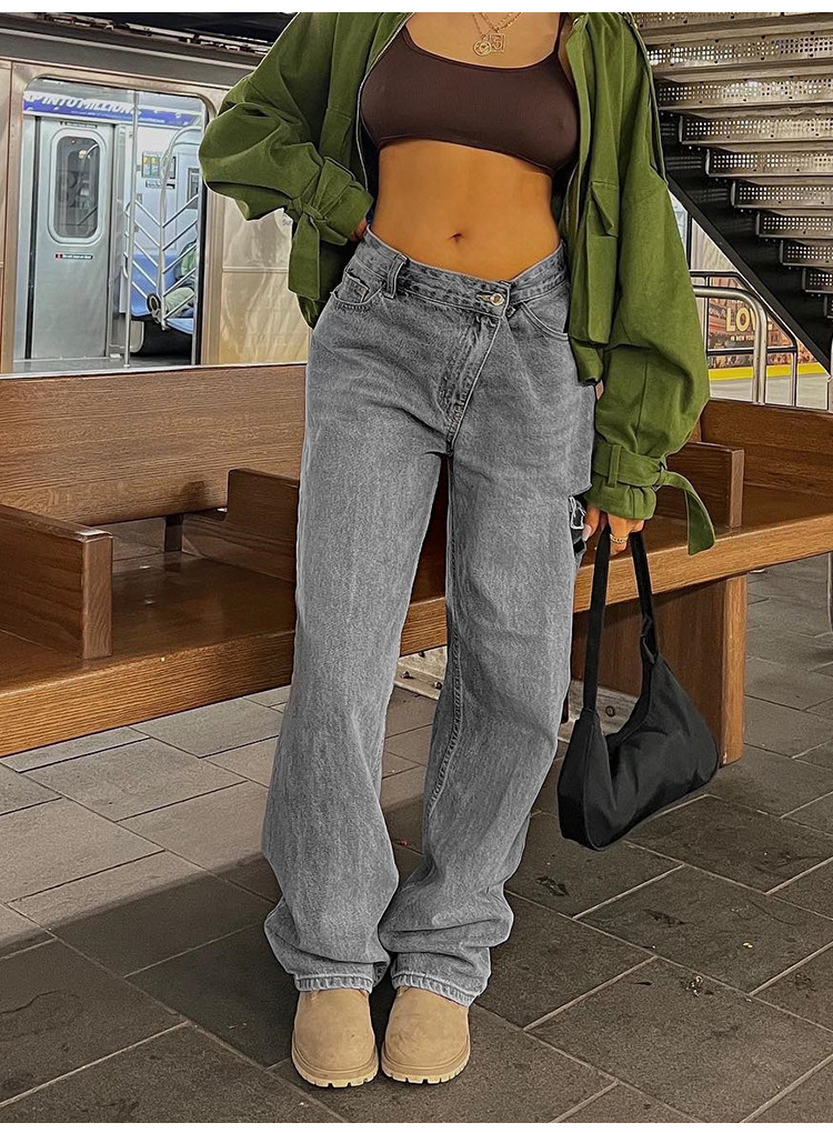 Fashionable Oblique Waist Low Waist Loose Hole Jeans For Women - Image 7