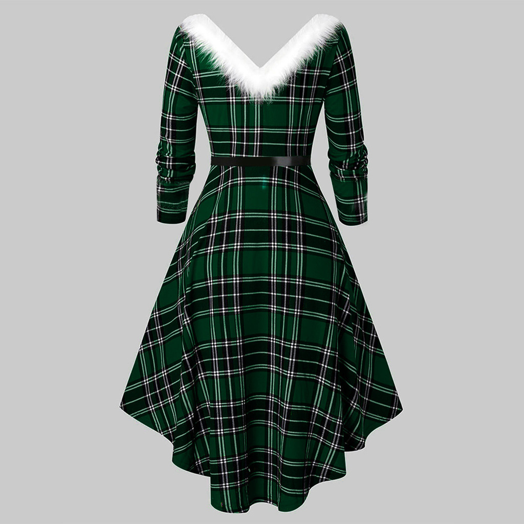 Christmas Women's Fur Patchwork V-neck Long Sleeved Dress - Image 7