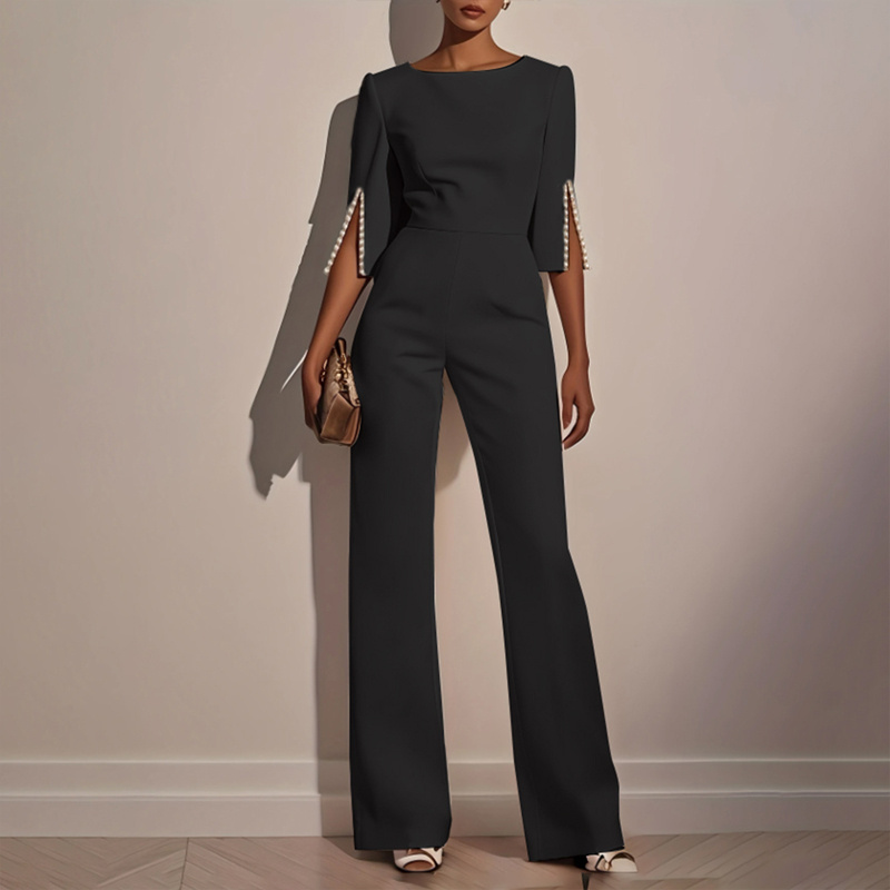 Women's Elegant Round Neck Jumpsuit - Mid-Sleeve With Side Slit Cuffs & Pearl Accents, Back Zipper Design For Casual To Formal Events - Image 9