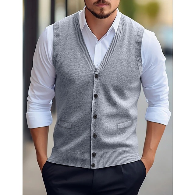 Casual Vest Solid Color Sleeveless Four Seasons Wool Knit Cardigan Men's Vest - Image 9