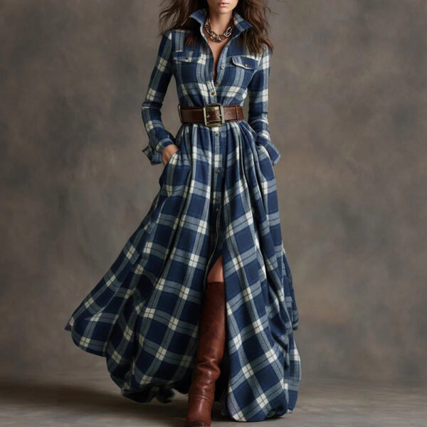 Large Size Women's Clothing French Retro Grid Slim Irregular Dress - Image 8