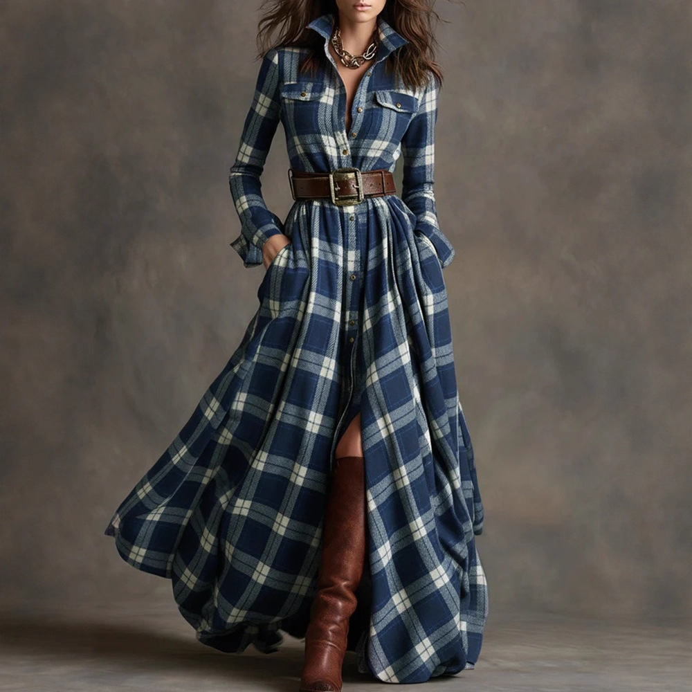 Large Size Women's Clothing French Retro Grid Slim Irregular Dress - Image 8