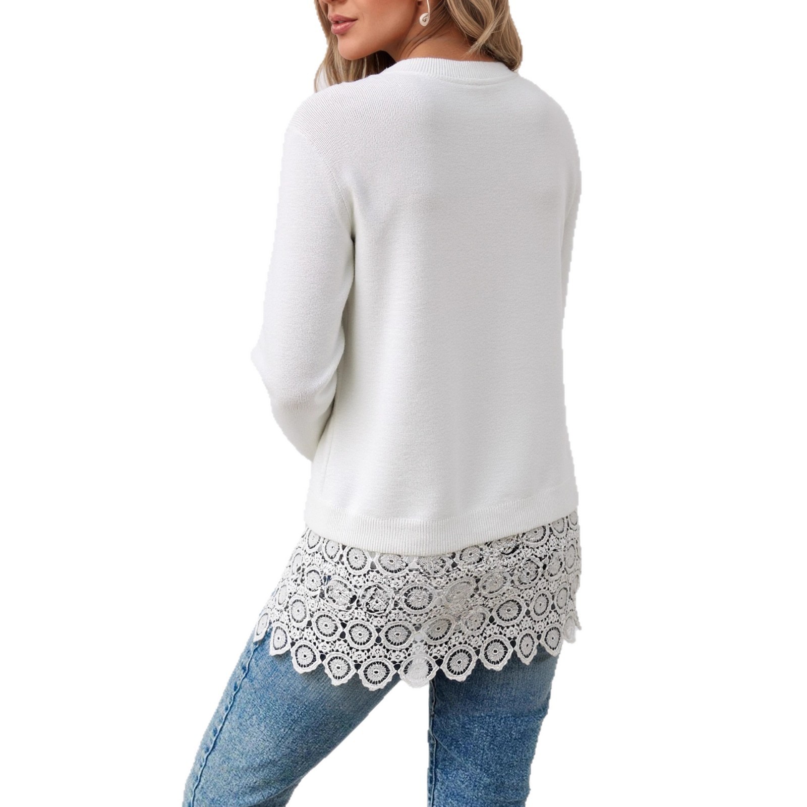 Elegant Elegant V-neck Loose Stitching Lace Sweater - Image 5