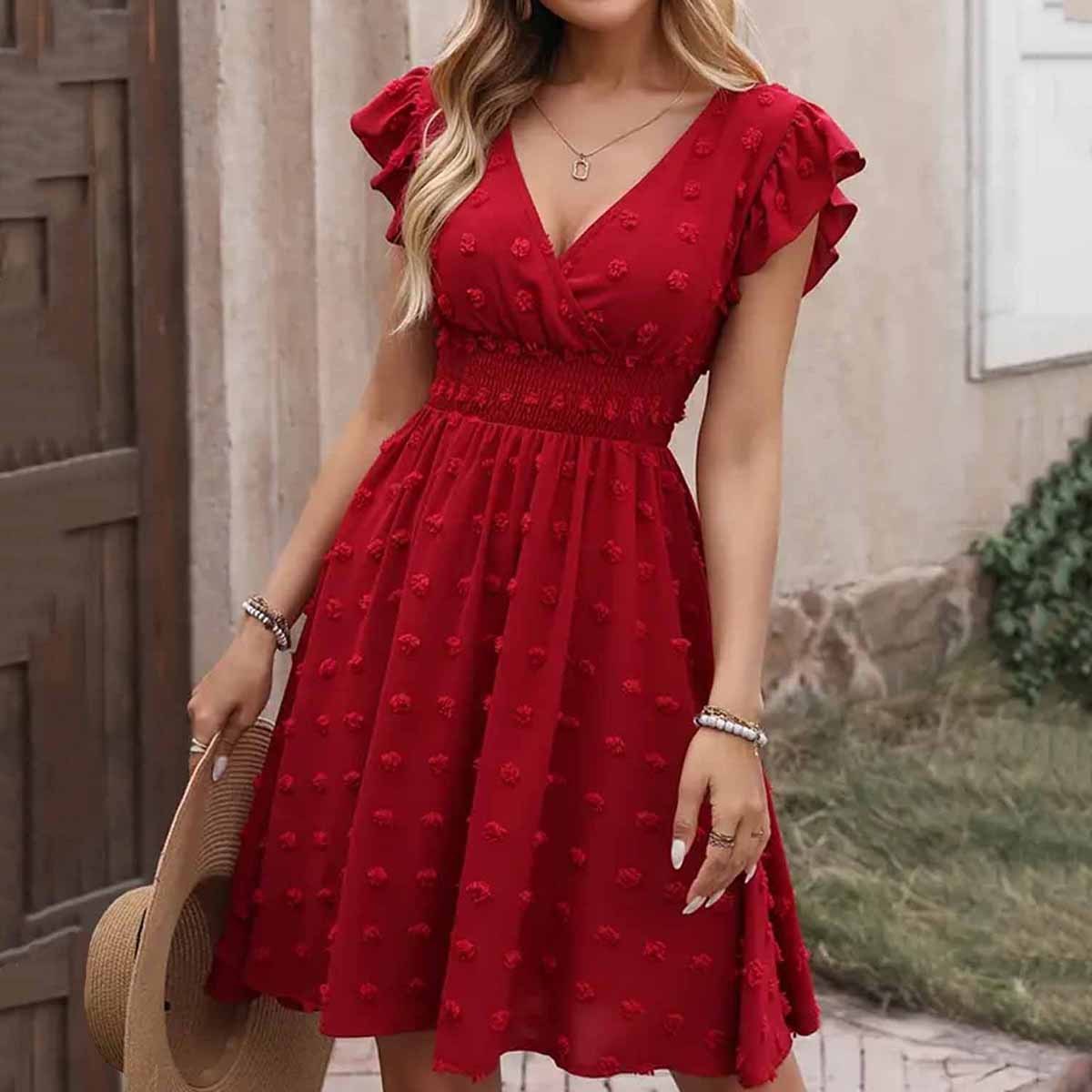 Jacquard Big Fur Ball Elastic Waist Ruffle Sleeve Short Sleeve V-neck Dress - Image 4