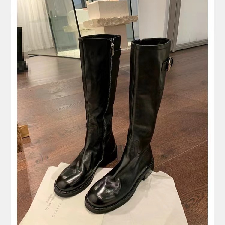 Washed Horse Leather Belt Buckle Thick Bottom Thigh High Boots Women - Image 5