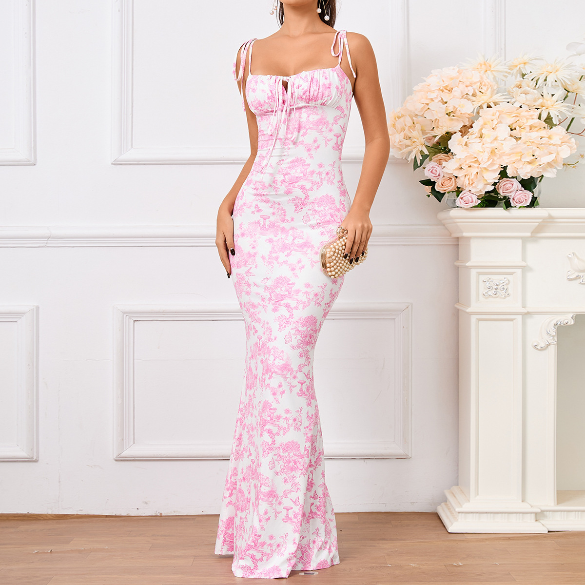 Floral Ruffle Back Tie Halter Maxi Bodycon Mermaid Dress With Multiple Patterns - Image 7