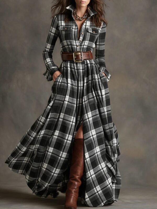 Large Size Women's Clothing French Retro Grid Slim Irregular Dress - Image 2