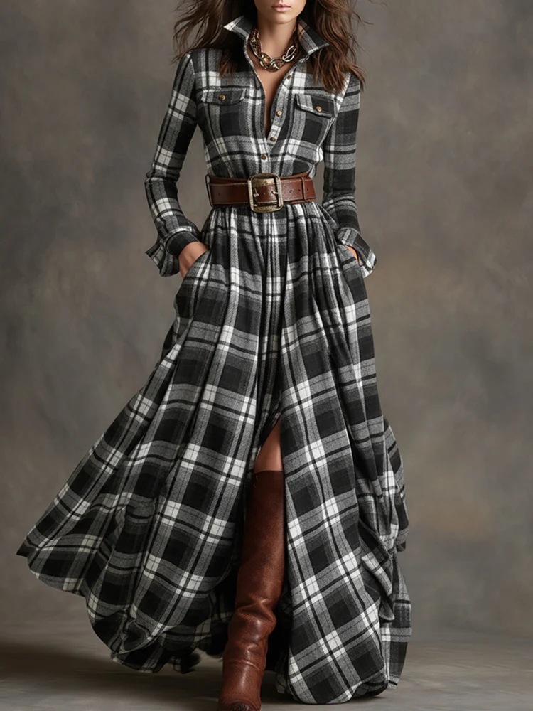 Large Size Women's Clothing French Retro Grid Slim Irregular Dress - Image 2