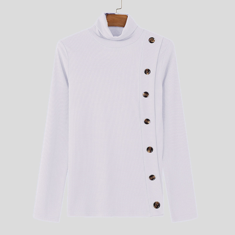 European And American Men Casual Sweater Turtleneck Buttons Solid Color Long Sleeve - Image 7