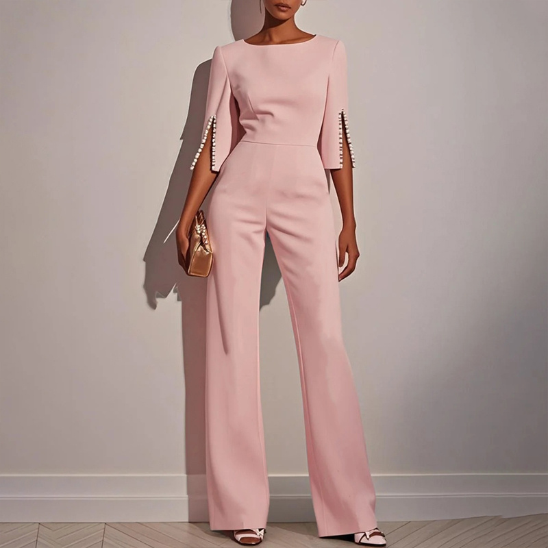 Women's Elegant Round Neck Jumpsuit - Mid-Sleeve With Side Slit Cuffs & Pearl Accents, Back Zipper Design For Casual To Formal Events - Image 6