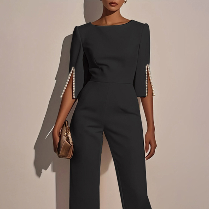 Women's Elegant Round Neck Jumpsuit - Mid-Sleeve With Side Slit Cuffs & Pearl Accents, Back Zipper Design For Casual To Formal Events - Image 8