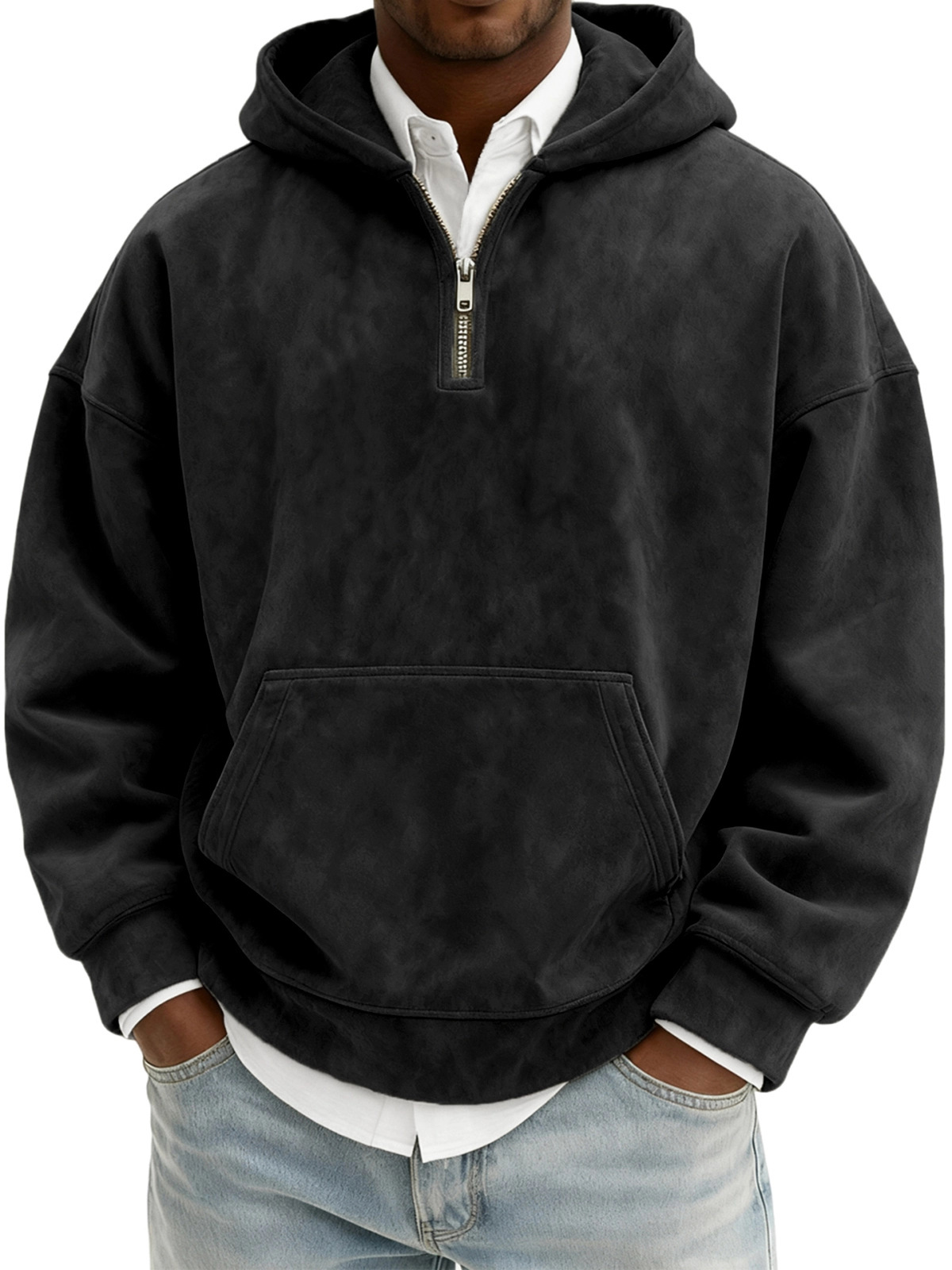 Hoodie Half Zipper Solid Color Loose Sweater - Image 2