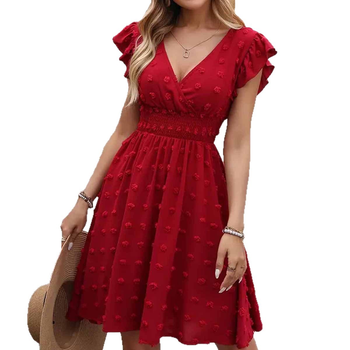 Jacquard Big Fur Ball Elastic Waist Ruffle Sleeve Short Sleeve V-neck Dress - Image 6