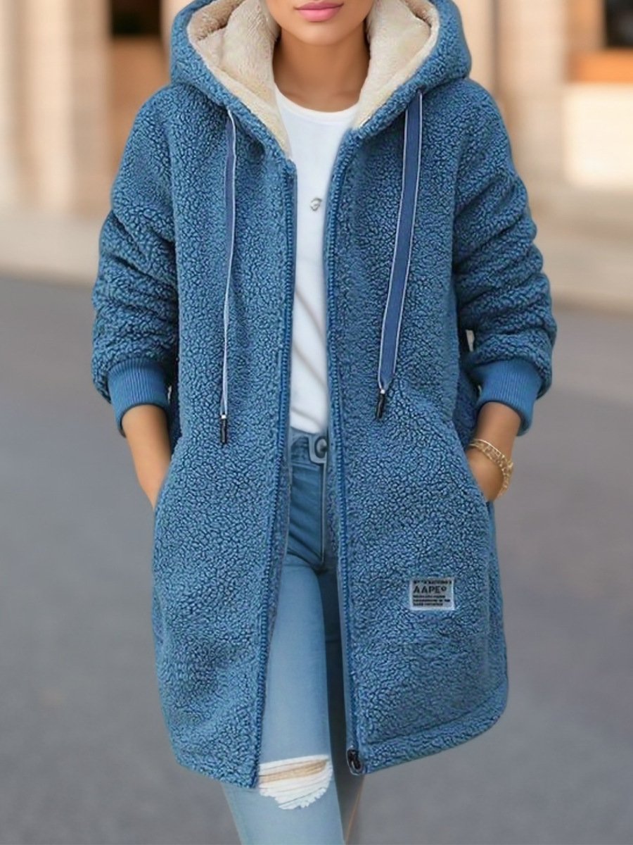 Winter Fleece Hooded Jacket Fashion Casual Zip-up Pockets Long Sweatshirt Warm Commuter Women's Clothing - Image 5