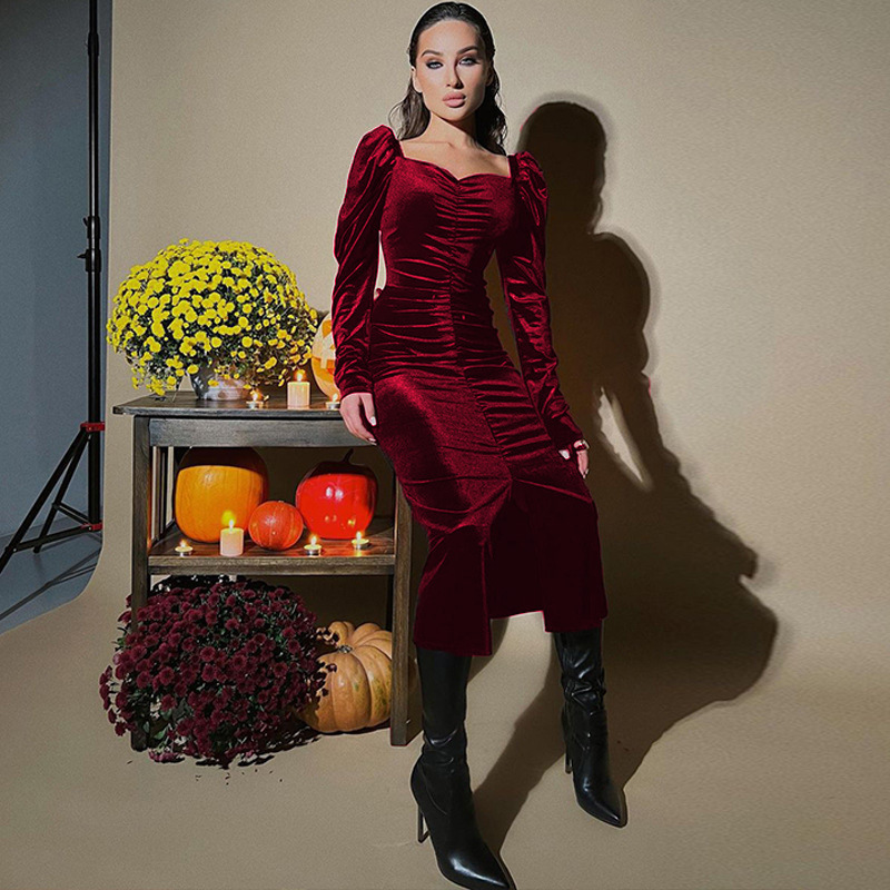 Women's Pleated Slim Fit Slit Long-sleeved Dress - Image 3