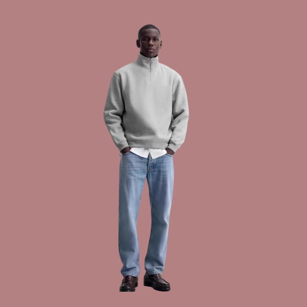 Half Zipped Stand Collar Gray Sweater Same Style For Men And Women - Image 6