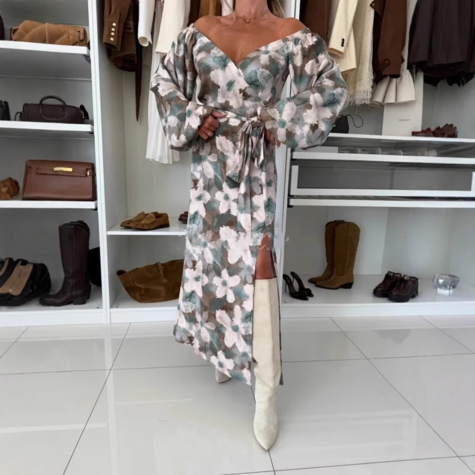 Women's Printed Waist-controlled Hem Slit Long-sleeved Dress - Image 5