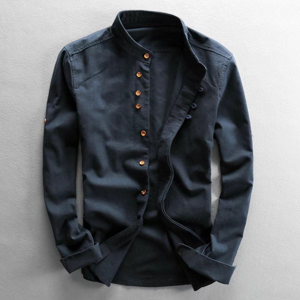 European And American Style Men's Clothing Stand Collar Buried Clip Casual Shirt - Image 2