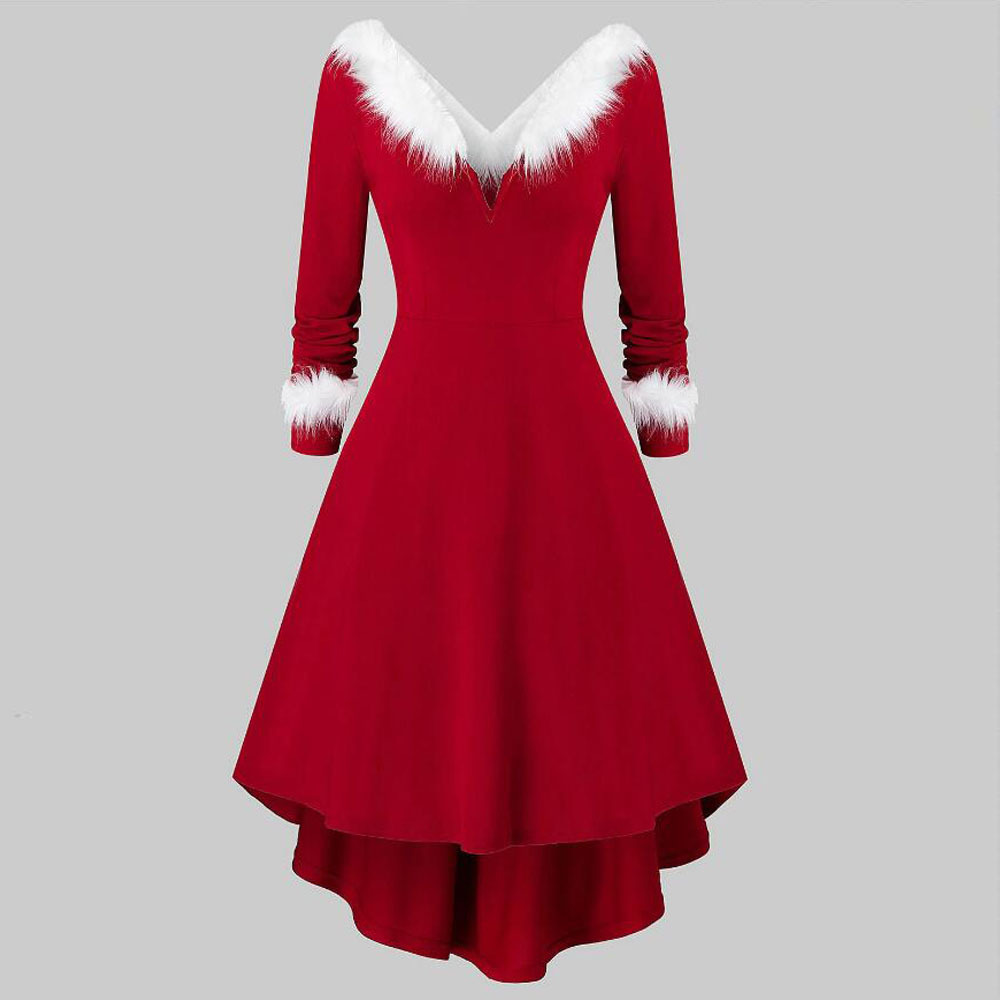Christmas Women's Fur Patchwork V-neck Long Sleeved Dress - Image 6