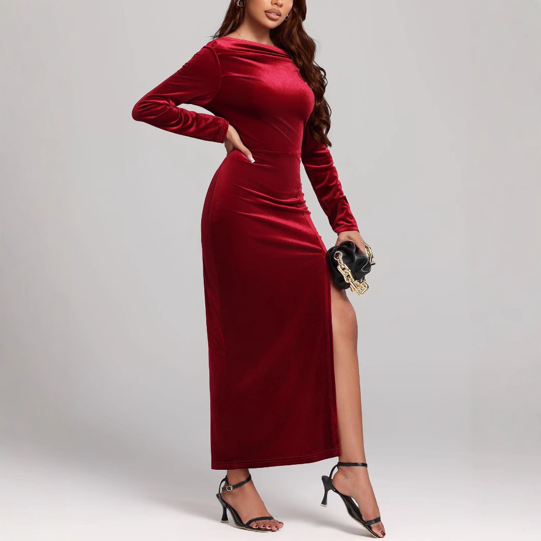 Women's Clothing Slit Formal Dress Pleuche Dress - Image 3