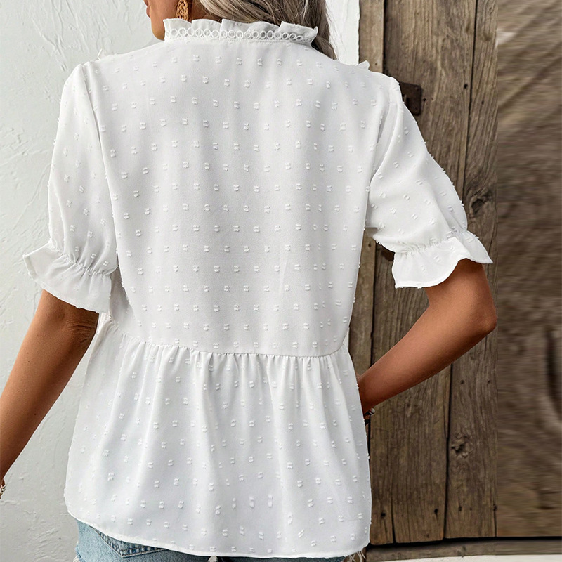 Women's Cut Flower Fur Ball Short-sleeved Lace Shirt - Image 3