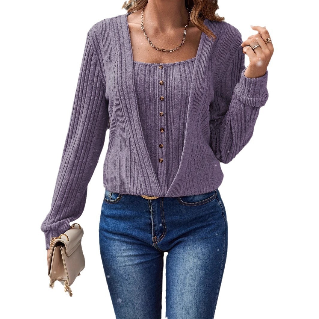 Button Fake 2-piece Sweater Regular Sleeve - Image 7