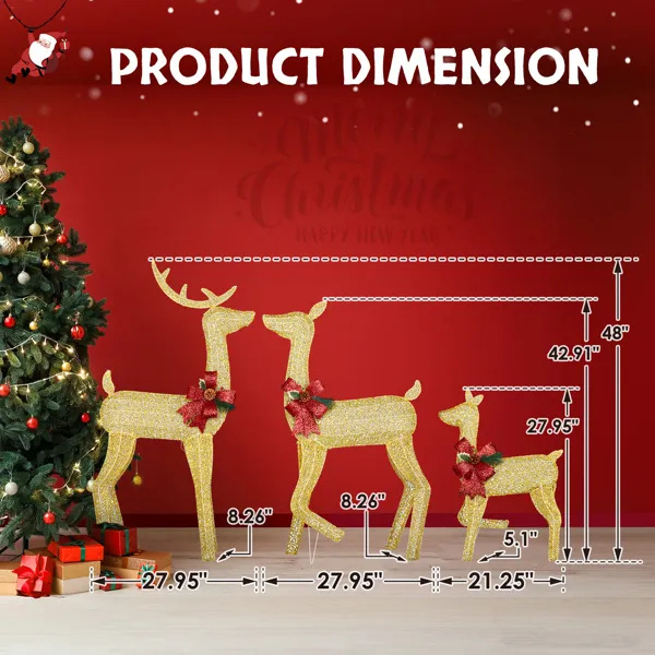 3-Piece Lighted Christmas Reindeer Family Set Outdoor Decorations, Weather Proof 2D Deer Family Set Of 3 Christmas Ornament Home Decor Pre-lit 200 LED Warm White Lights With Stakes, Golden - Image 7