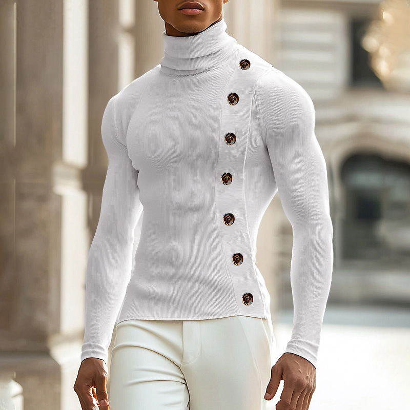 European And American Men Casual Sweater Turtleneck Buttons Solid Color Long Sleeve - Image 2