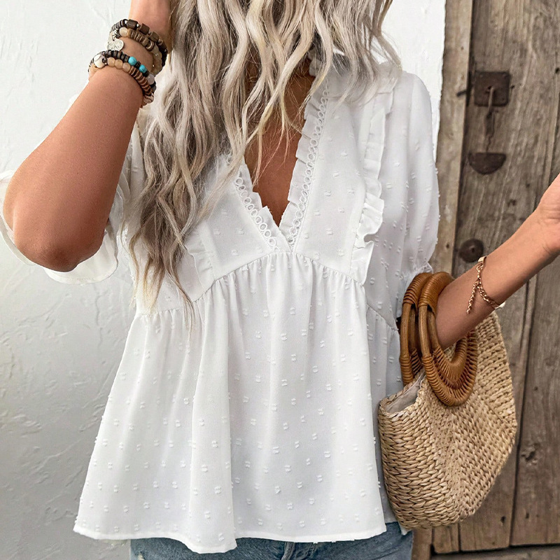 Women's Cut Flower Fur Ball Short-sleeved Lace Shirt - Image 6