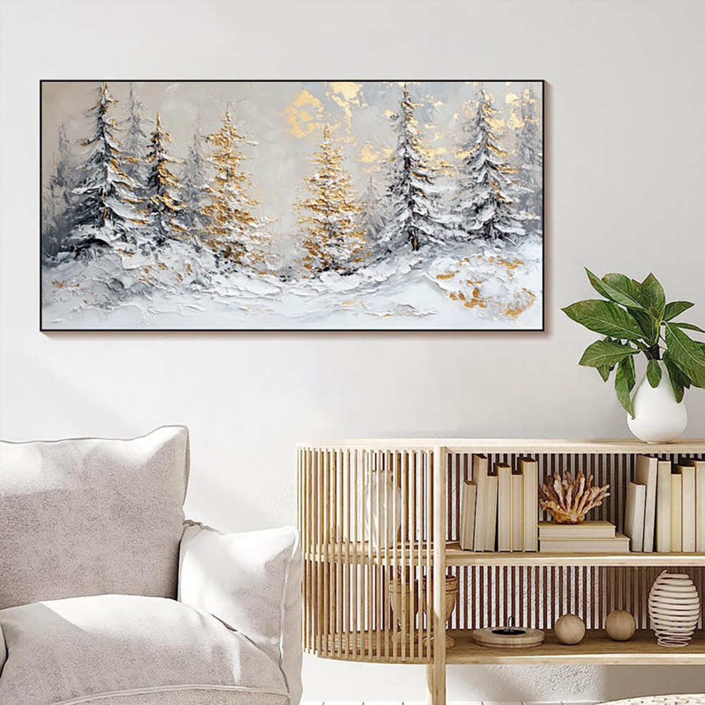 Handmade Oil Painting Canvas Wall Art Decoration Christmas Snowy Winter Scene Golden Pine Trees For Home Decor Rolled Frameless Unstretched Painting - Image 4