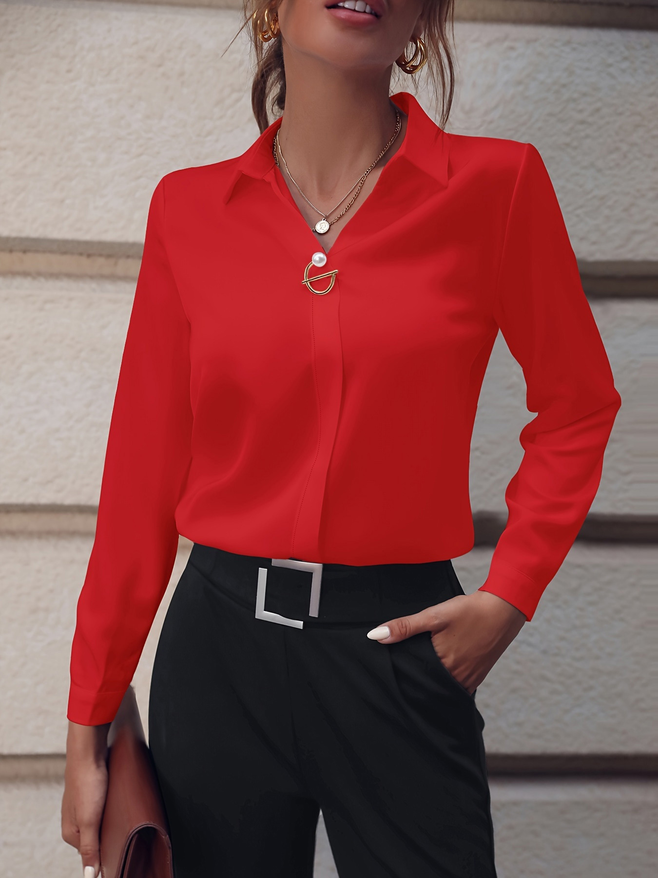 Commuter V-neck Long-sleeved Shirts Ins Fashion Solid Color Pullover Top Autumn And Spring Women's Clothing - Image 3