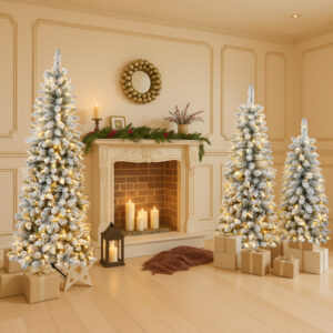 3 Pcs Flocked Artificial Christmas Tree Set With Lights, 4ft 5ft 6ft Christmas Snow Tree Set, Christmas Decor