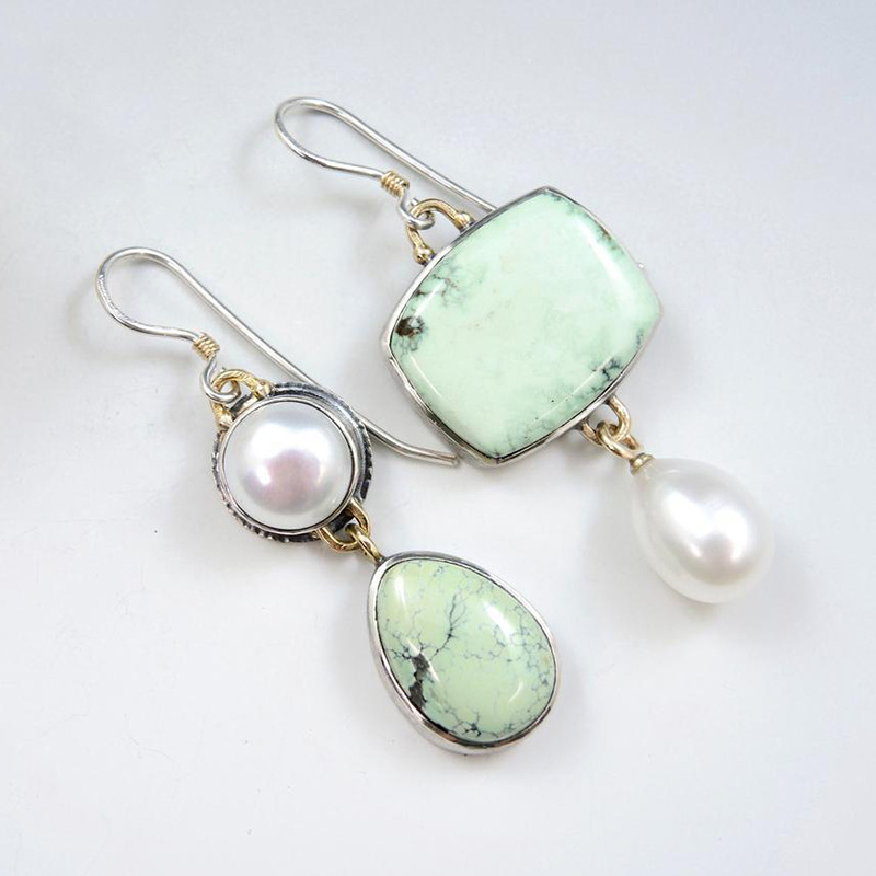 Asymmetric Pearl Handmade Geometric Light Green Enamel Eardrops - Image 2