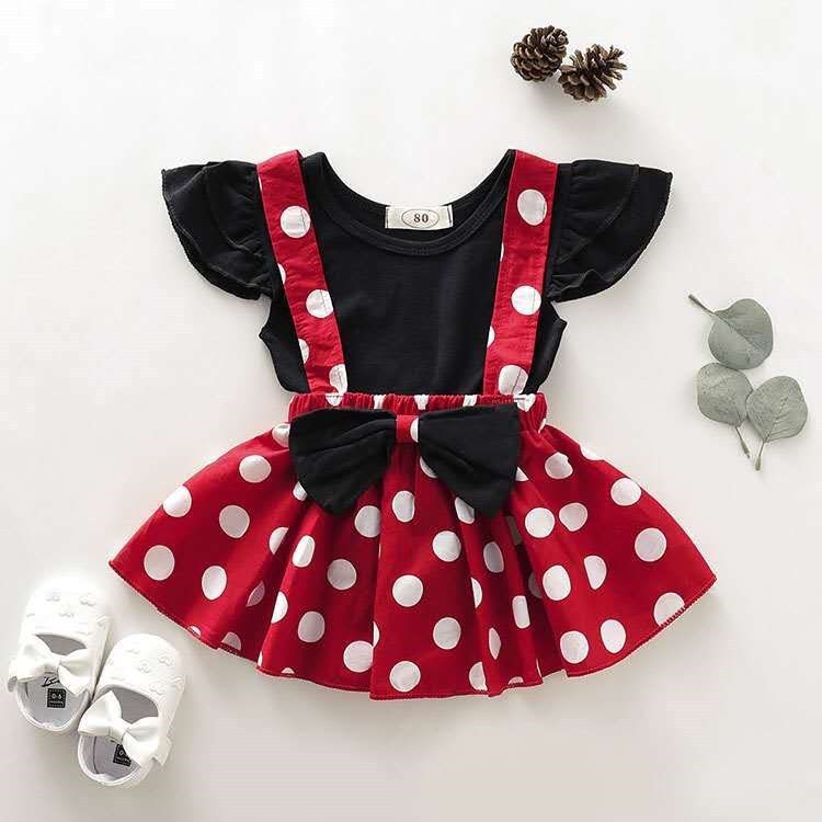 Girls' Summer Solid Color Fly Sleeve Top Dot Suspender Skirt