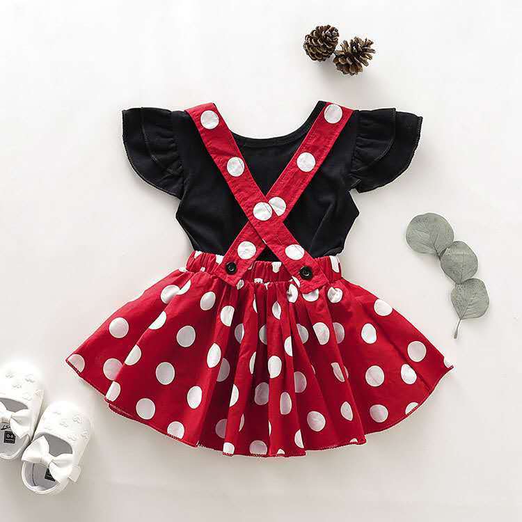 Girls' Summer Solid Color Fly Sleeve Top Dot Suspender Skirt - Image 4