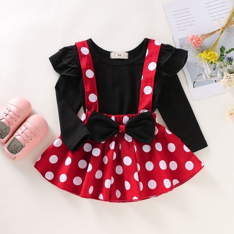 Girls' Summer Solid Color Fly Sleeve Top Dot Suspender Skirt - Image 6