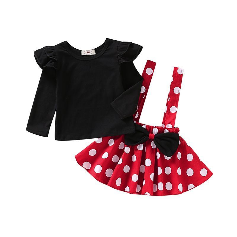 Girls' Summer Solid Color Fly Sleeve Top Dot Suspender Skirt - Image 3