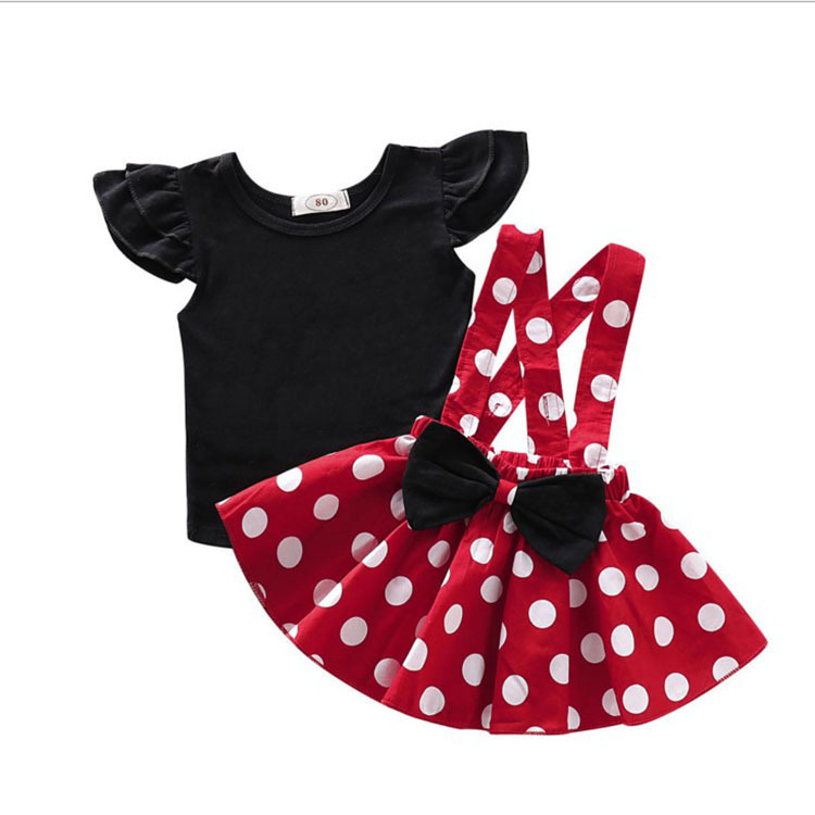 Girls' Summer Solid Color Fly Sleeve Top Dot Suspender Skirt - Image 2