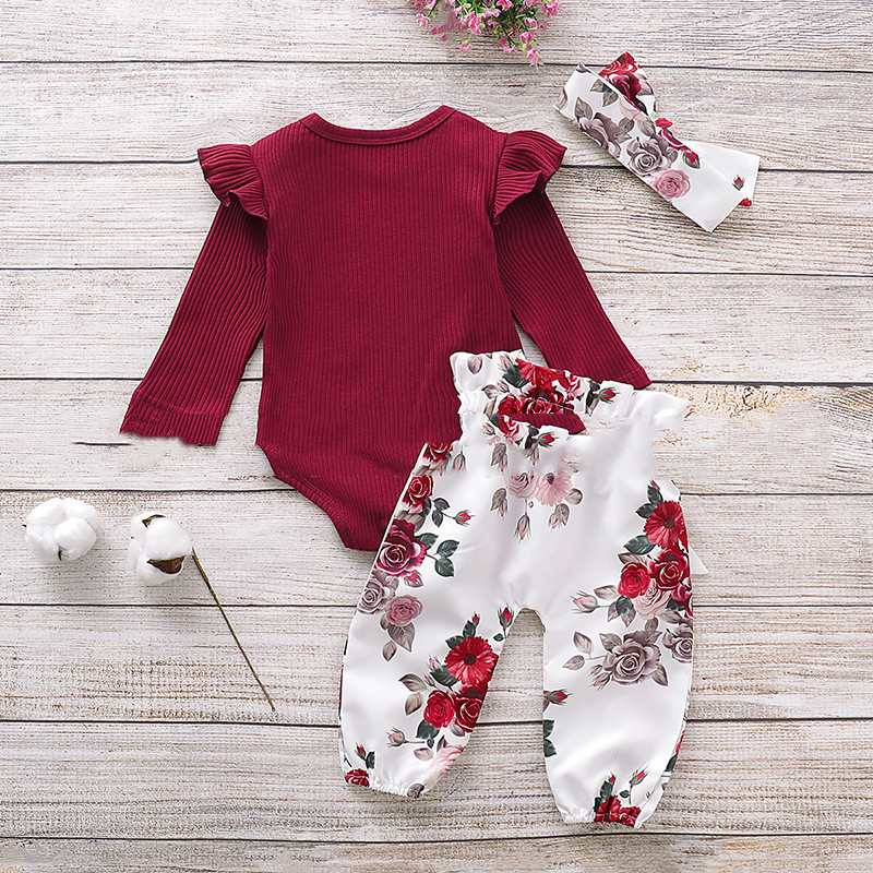 Three Piece Baby Girl Cotton Long Sleeved One Piece Romper Baby Trousers - Image 3
