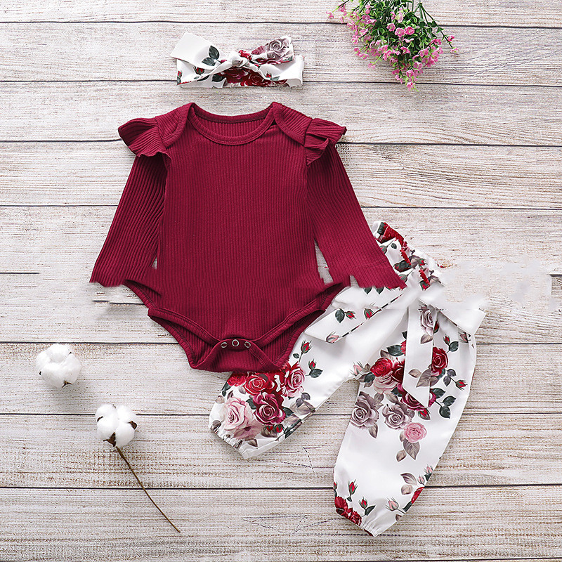 Three Piece Baby Girl Cotton Long Sleeved One Piece Romper Baby Trousers - Image 2