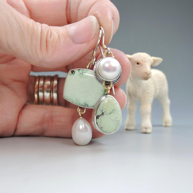 Asymmetric Pearl Handmade Geometric Light Green Enamel Eardrops - Image 3
